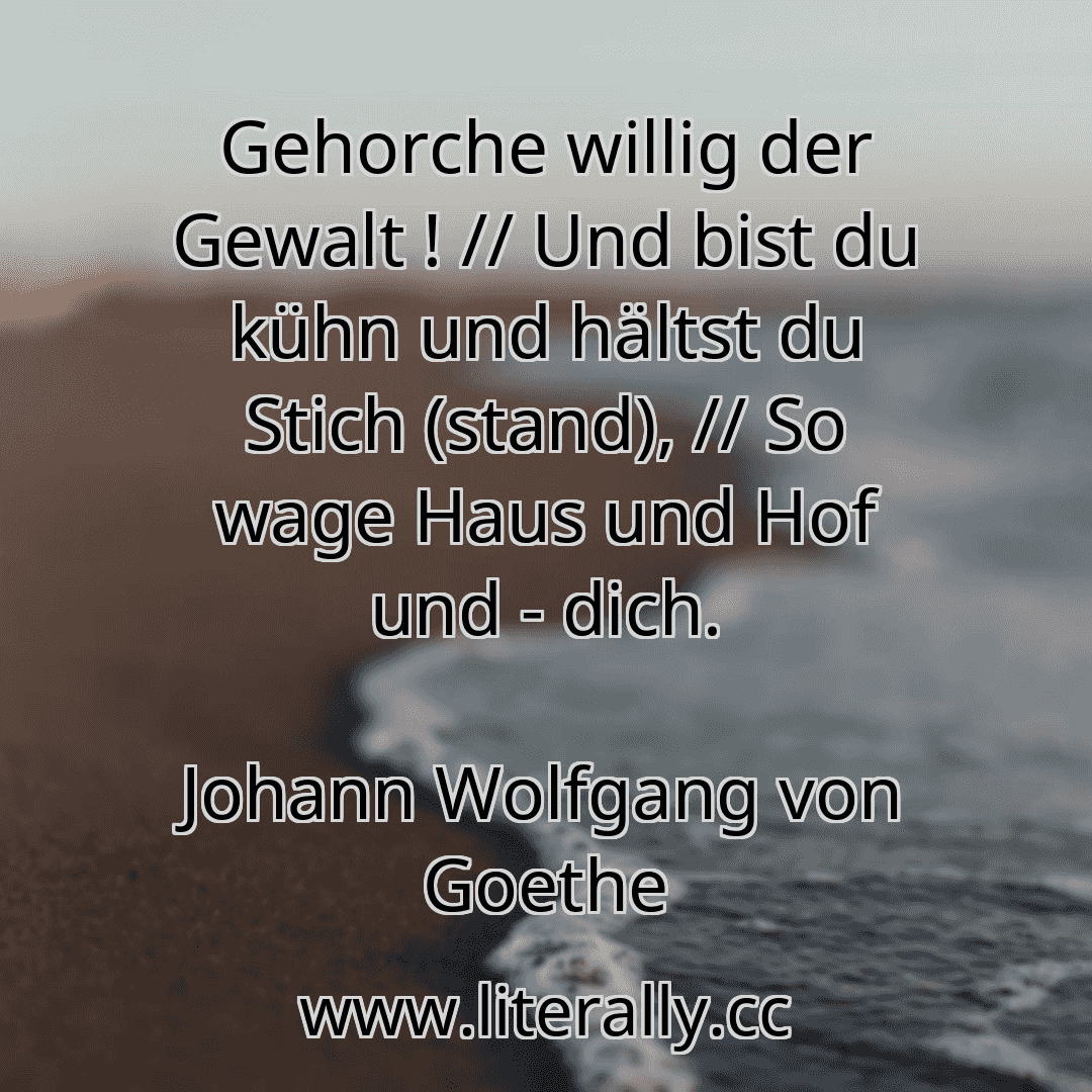 Gehorche willig der Gewalt ! // Und bist du kühn und hältst du Stich (stand), // So wage Haus und Hof und - dich.
Johann Wolfgang von Goethe
